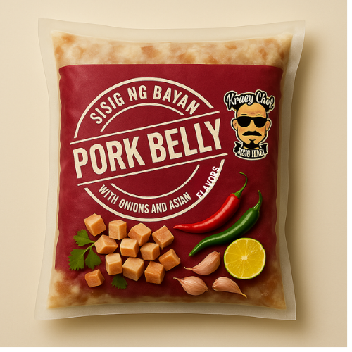 NEW sealed plastic pouch of Filipino sisig on a clean cream-white background,