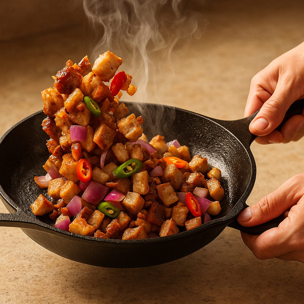 action shot of a cast-iron skillet half-filled with sizzling sisig,