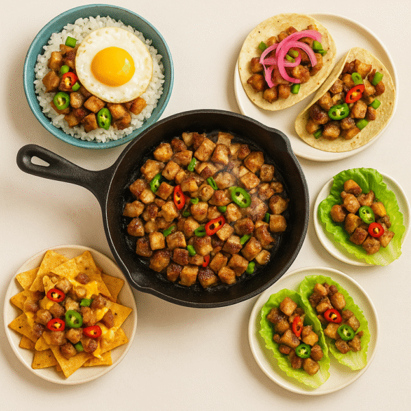 four small plates arranged in a circle a sisig rice bow