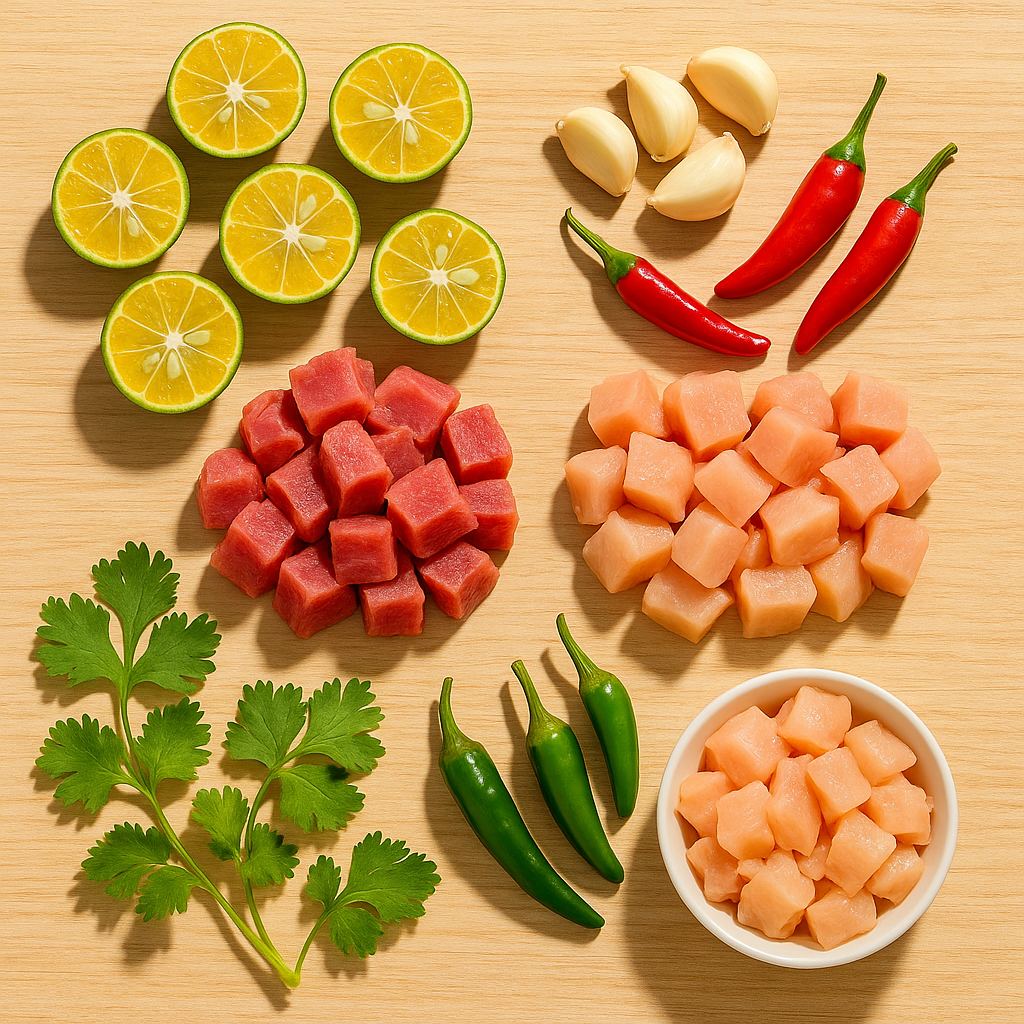 fresh calamansi halves, garlic cloves, red and green chili peppers, sprigs of cilantro, and neatly diced pork and chicken pieces